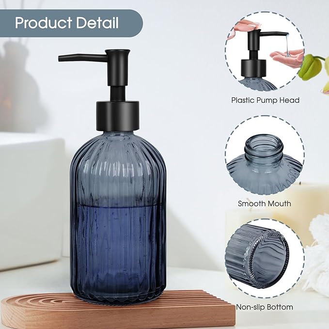 Topsky Stripe Glass Soap Dispenser with Black Plastic Pump, 400ml Liquid Hand Soap Dispenser, Rustproof Pump for Kitchen & Bathroom, Great for Lotions, Essential Oil, Liquid Soaps- (Grayish Blue) - Image 3