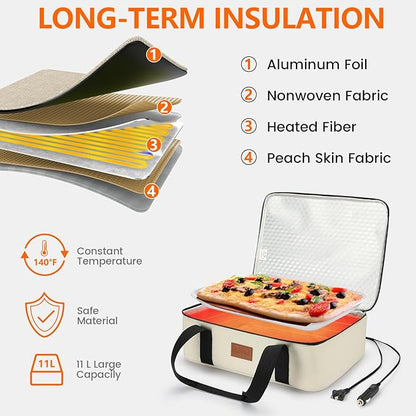 Food Warmer Electric Casserole Carrier - Large Heated Lunch Bag for Car Truck, 12V/24V/110V, Thermos for hot food for Potluck Cookouts Parties Picnic,Lasagna Lugger,Fits 9"x13" Baking Pan (Beige)