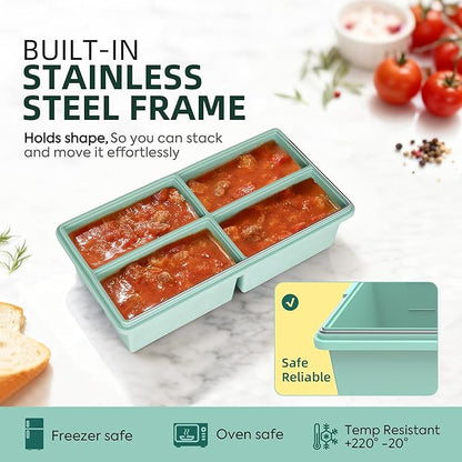 Silicone Freezer Trays with Lids - 1 cup soup freezer container large ice cube molds - with Reinforced Steel Ring Top, Silicone Freezer Containers, Freeze and Store Soups, Sauces, Leftovers-2 Packs