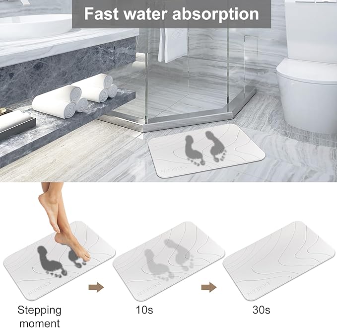 JUERLEN 2 Pack Diatomaceous Earth Shower Mat, Stone Bath Mat, Nonslip Super Absorbent Fast-Drying Hard Bath Mat for Bathroom Shower Floor, 24 x 16 inch, White Wave Design