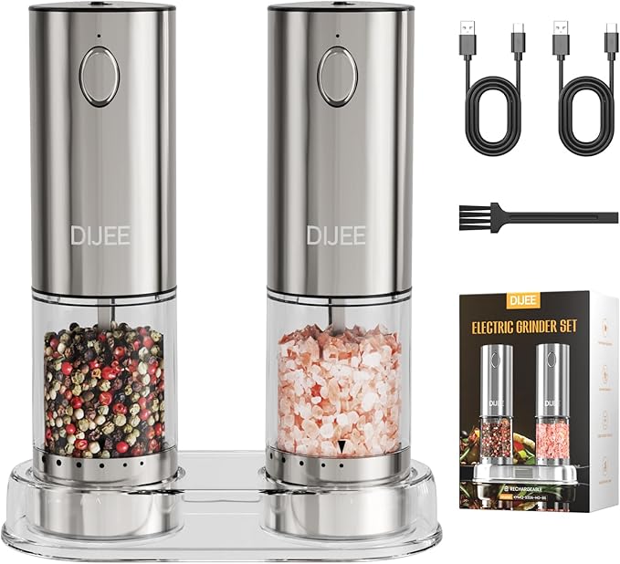 Electric Salt and Pepper Grinder Set,USB Rechargeable Pepper Mill with 6 Coarseness Settings, Automatic One-Touch Operation, Large Capacity Stainless Steel Spice Mills for Kitchen (2 Pack, Silver)