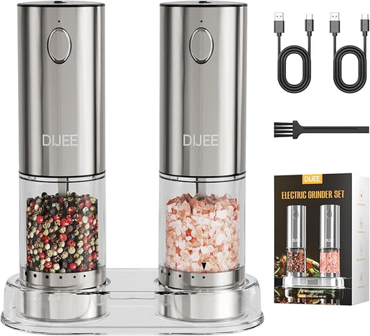 Electric Salt and Pepper Grinder Set,USB Rechargeable Pepper Mill with 6 Coarseness Settings, Automatic One-Touch Operation, Large Capacity Stainless Steel Spice Mills for Kitchen (2 Pack, Silver)