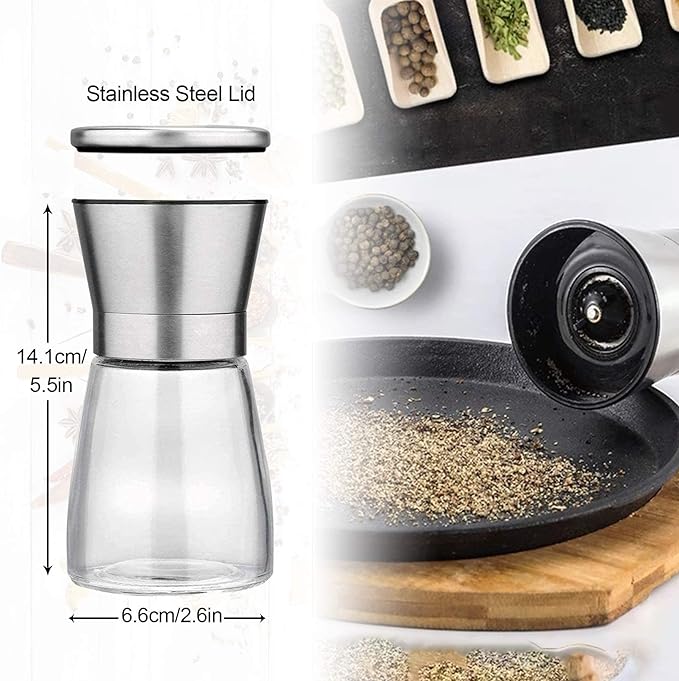 LessMo Salt and Pepper Grinder Set with Wooden Standing Tray, Refillable Pepper Mill Set - Brushed Stainless Steel - Short Glass Shakers with Adjustable Coarseness for Peppercorn, Salt or Spice Mills - Image 5