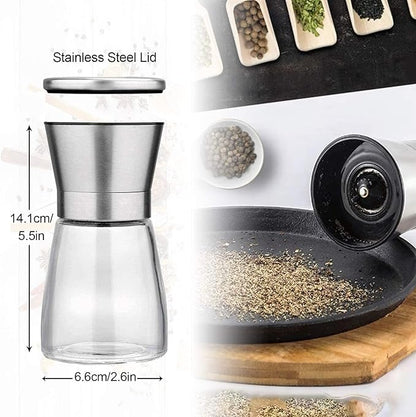 LessMo Salt and Pepper Grinder Set with Wooden Standing Tray, Refillable Pepper Mill Set - Brushed Stainless Steel - Short Glass Shakers with Adjustable Coarseness for Peppercorn, Salt or Spice Mills - Image 5