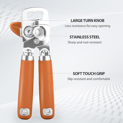Safring Can Opener Manual, Heavy Duty Stainless Steel Smooth Edge Can Opener With Soft Touch Handle, Oversized Handheld Easy Turn Knob, Multi-Function Bottle Opener, Orange