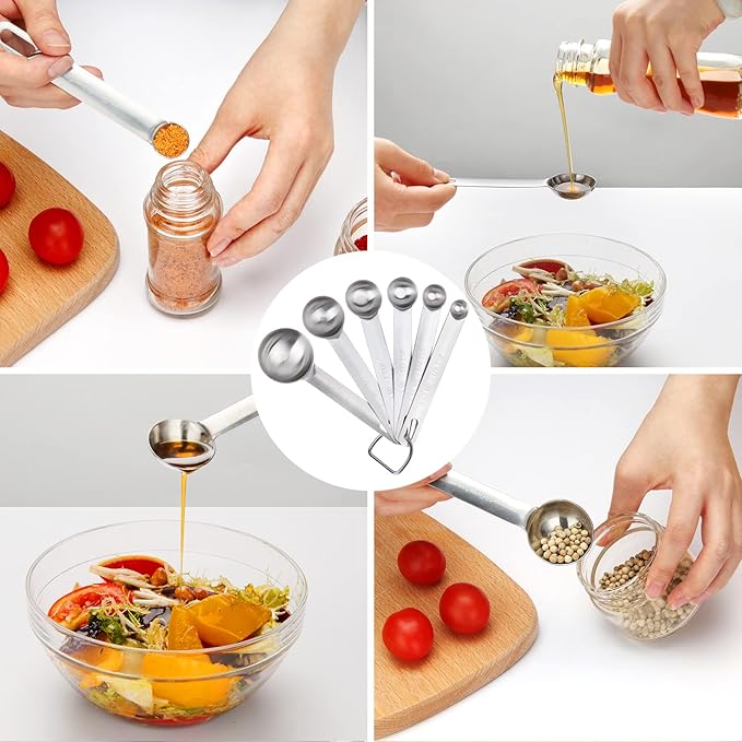 Upgrade Stainless Steel Measuring Spoons Set, Small Tablespoon, Teaspoons, Set 6 with Bonus Leveler, Etched Markings and Removable Clasp for Dry and Liquid, Fits in Spice Jars - Image 5