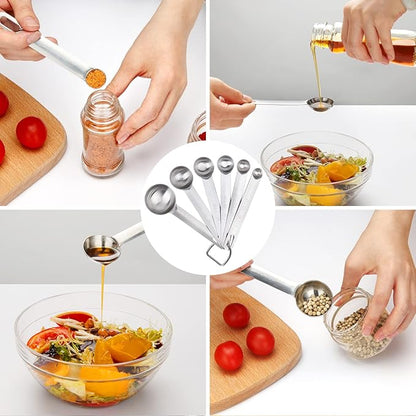 Upgrade Stainless Steel Measuring Spoons Set, Small Tablespoon, Teaspoons, Set 6 with Bonus Leveler, Etched Markings and Removable Clasp for Dry and Liquid, Fits in Spice Jars - Image 5