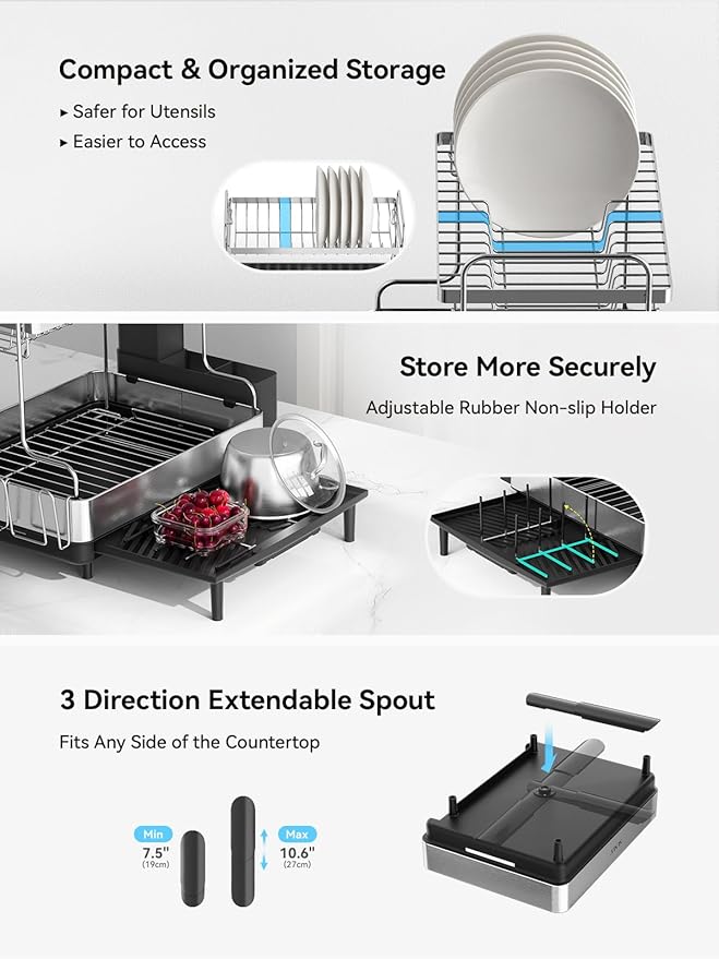 SUNLY 2 Tier Dish Drying Rack, Extra Large Dish Rack, Expandable Dish Racks for Kitchen Counter, Multifunctional Large Dish Drainers for Kitchen Counter, Black - Image 6
