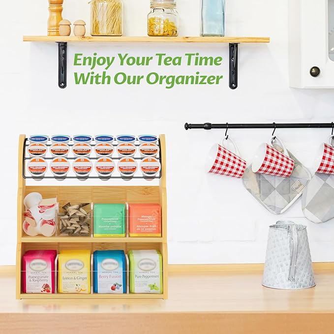 LASZOLA Bamboo Tea Bag and Coffee Holder Organizer for Cabinet Counter Office, 3 Tier Large Capacity Vertical K Cup and Tea Packet Storage Rack, Sturdy Display Stand, Easy Assemble - Image 5
