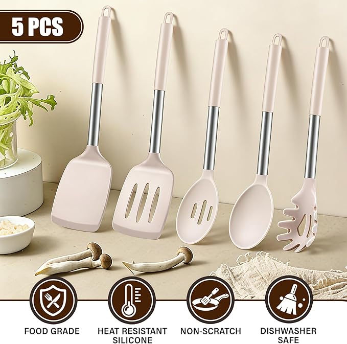 5Pcs Silicone Cooking Utensils Set, Heat Resistant Kitchen Tools Include Solid&Slotted Spatula, Cooking Spoon and Pasta Server, Silicone Kitchen Utensils set for Nonstick Cookware Flipping, Khaki - Image 4