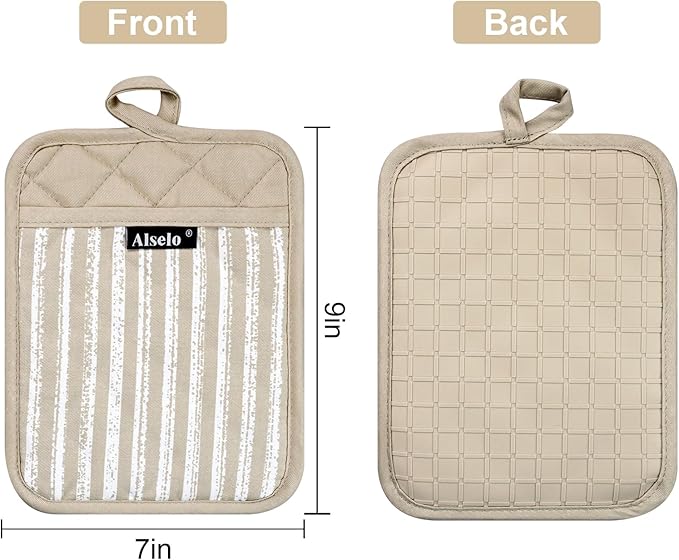 Alselo Silicone Pot Holders Set of 3 Heat Resistant & Non Slip Potholders, Professional Oven Hot Pads with Pockets Mitts for Kitchen Cooking Baking Barbecue (Khaki, 3) - Image 2