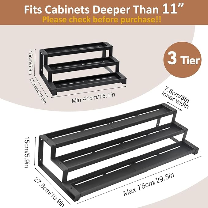 GOENDR Expandable Spice Rack Organizer for Cabinet, 3 Tier Metal Spice Organization,16"-29.5" Wide Adjustable Seasoning Organizer, Display Shelf, Canned Goods Organizer for Pantry Kitchen Countertop - Image 2