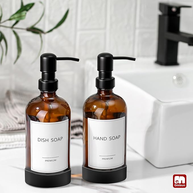 GMISUN Amber Glass Soap Dispenser with Silicone Sleeve Boot, 2 Pack Bathroom Hand Soap Dispensers with Pump, 17 Fl Oz Kitchen Hand and Dish Soap Dispenser Set, Liquid Soap Dispensers Bottle - Image 4