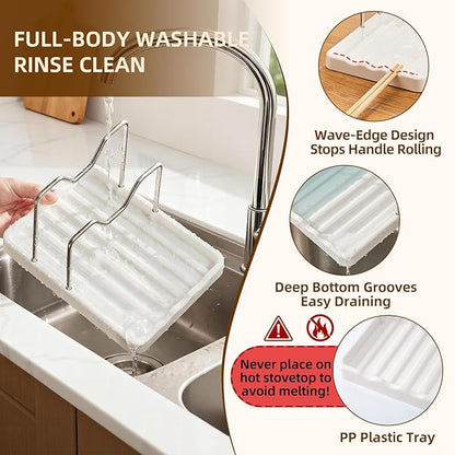 2 in 1 Pot Lid Holder & Spoon Rest for Kitchen Counter, Plastic Utensil Rest with Stainless Steel Pan Lid Holder Organizer While Cooking, Countertop Space Saving Pot Cover Rack | Easy to Clean - Image 4