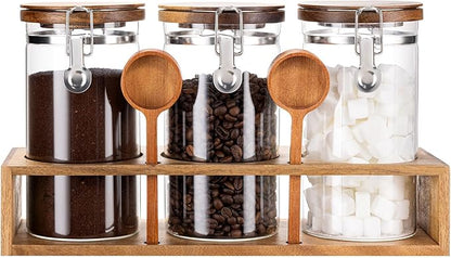 Yangbaga Glass Sugar Coffee Canister with Shelf, 3 x 45OZ Coffee Bean Containers Storage Station Organizer with Airtight Locking Clamp and Log Coffee Scoop, Food Storage Canisters Sets for Kitchen by Hanber