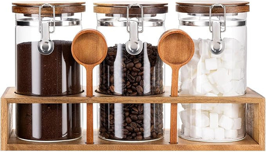 Yangbaga Glass Sugar Coffee Canister with Shelf, 3 x 45OZ Coffee Bean Containers Storage Station Organizer with Airtight Locking Clamp and Log Coffee Scoop, Food Storage Canisters Sets for Kitchen by Hanber