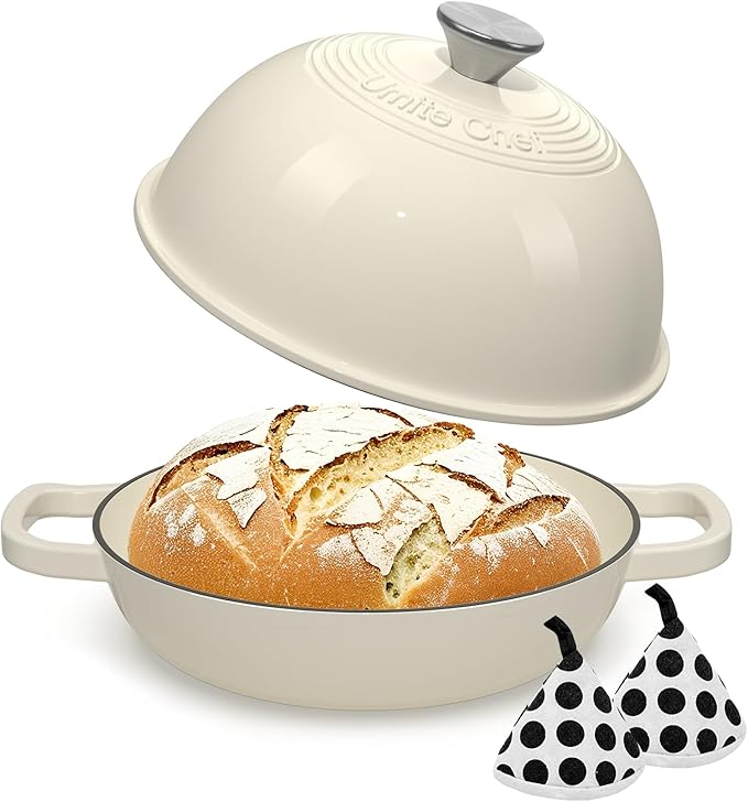 Enameled Round Cast Iron Bread Oven, 6 Qt Cast Iron Dutch Oven for Homemade Sourdough Bread Baking, Bread Pot with Dome Lid & Cotton Potholders (Cream White) - Image 9