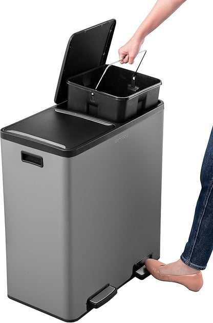 Step N' Sort The 18.5 Gallon Extra Large Capacity, Soft-Step, Dual Trash and Recycling Bin with Removable Inner Bins, Grey