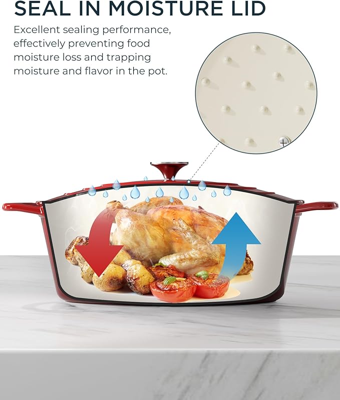 Enameled Cast Iron Dutch Oven - 9.3QT Dutch Oven Pot with Lid & Cotton Potholders - Heavy-Duty Non Stick Casserole Pot for Braising, Stews, Roasting, Baking, Suitable for All Stovetops, Cherry Red - Image 4