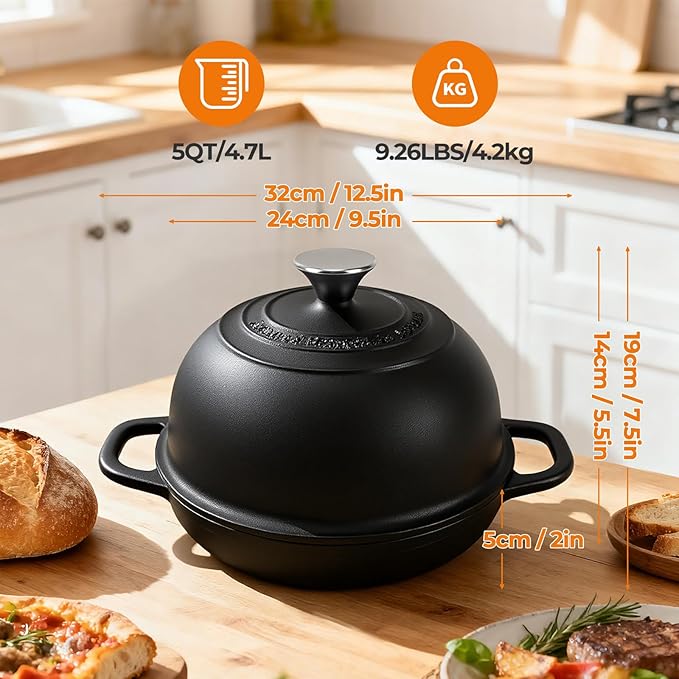 5QT Pre-Seasoned Cast Iron Dutch Oven For Bread Baking, Dutch Oven with Domed Lid, Sourdough Bread Baking Supplies, Multi-Functional Bread Pan For Baking, Frying, Roasting - Image 2