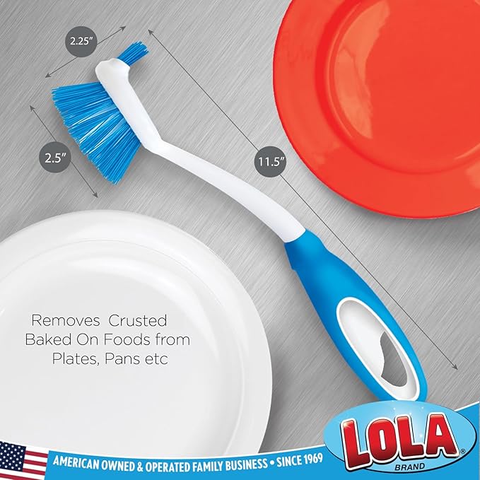 Dish Brush Kitchen Scrubber, by LOLA, Has Stiff Bristles & Food Scraper, Comfort No-Slip Grip Handle, Safe for Non-Stick & Coated Cookware, 1 Pack - Image 3