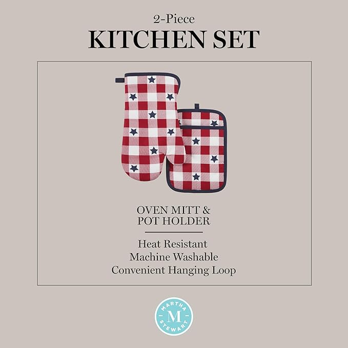 MARTHA STEWART Americana Star Gihgham Oven Mitt & Pot Holder Set, 100% Cotton, Heat Resistant, Patriotic USA America Decor, Red/White/Blue, 7"x13" & 7"x10" - Image 6