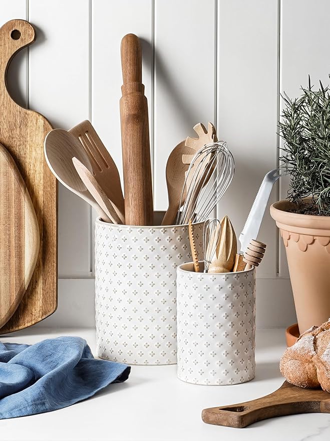 LE TAUCI Utensil Holder for Kitchen Counter - 7.1" Large Ceramic Kitchen Utensil Holder, Embossed Cooking Utensil Crock for Spatula, Spoon - Farmhouse Kitchen Decor & Organizer, White, Clover - Image 7