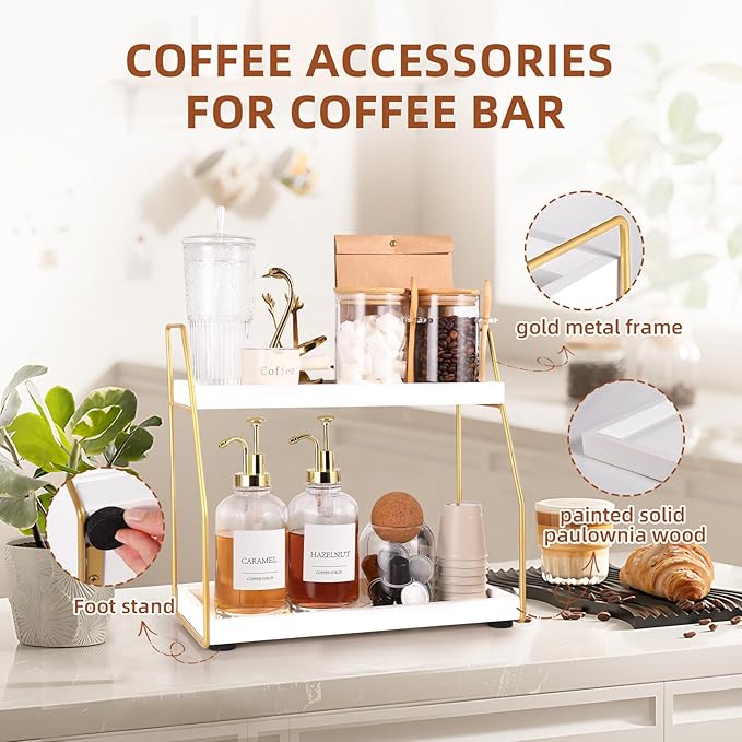 DWTS Coffee Bar Accessories,Coffee Station Organizer with Multi-Functional,CoffeeBar Decor for Accessories,2 Tier Wooden Shelf Gold Metal Station Organizer for Countertop,Syrup - Image 4