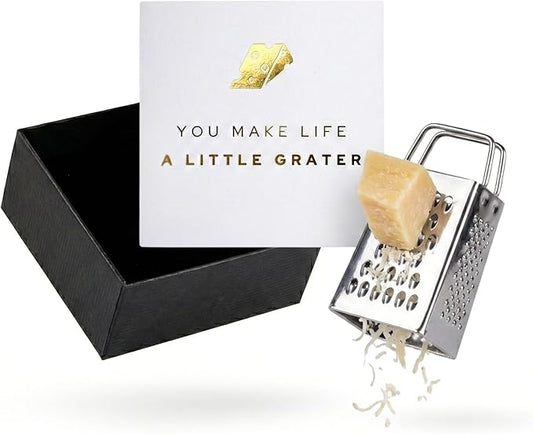 Mini Cheese Grater Gift Set - Funny Chef Gift, Friends, Coworkers, or Foodies | “You Make Life a Little Grater” Card, Mini Grater & Gift Box | Stainless Steel Small Grater Kitchen Tool