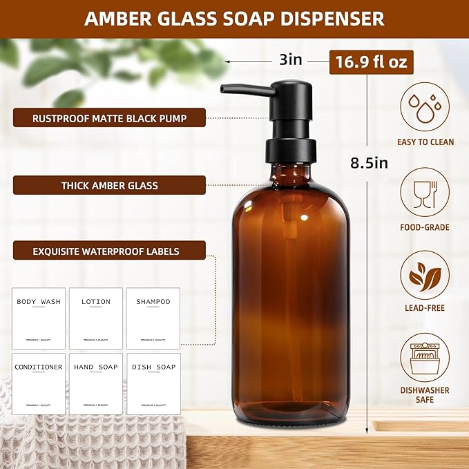 Dish Soap Dispenser for Kitchen, 16.9 fl oz Amber Hand and Dish Soap Dispensers, Kitchen Soap Dispenser Set with Sponge Holder, Brush Holder and Loofah Sponge, Countertop Sink Organizer Accessories - Image 3