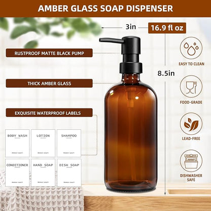Dish Soap Dispenser for Kitchen, 16.9 fl oz Amber Hand and Dish Soap Dispensers, Kitchen Soap Dispenser Set with Sponge Holder, Brush Holder and Loofah Sponge, Countertop Sink Organizer Accessories - Image 3