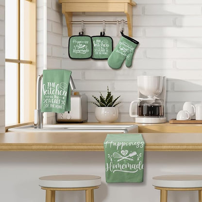 Sratte 6 Pcs Kitchen Decor Accessories Set Farmhouse Towels Pot Holders Oven Mitts Set 2 Dish Towels 2 Potholders 2 Cooking Mittens Oven Glove for Christmas Baking Cooking Supply(Sage Green,Kitchen) - Image 7