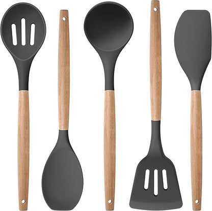 Herogo 5-Piece Cooking Utensils Set, Silicone Kitchen Utensils Set with Wooden Handle, Heat Resistant Cooking Tools Slotted Turner, Spoon, Soup Ladle, Spatula, Spoonula for Nonstick Cookware, Grey by Herogo