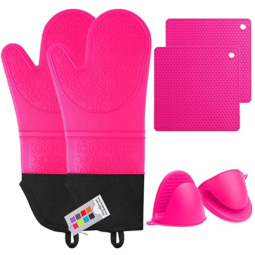 Silicone Oven Mitts and Pot Holders Set, MTZRFLL Extra Long Heat Resistant Oven Gloves with Hot Pads and Mini Oven Mittens for Grilling, Kitchen Cooking Baking, Quilted Lining, Pack of 6 (Rose) by MTZRFLL