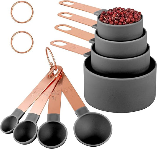 8-Piece Stackable Rose Gold Stainless Steel Handled Measuring Cups and Spoons for Measuring Dry and Liquid Ingredients (grey)