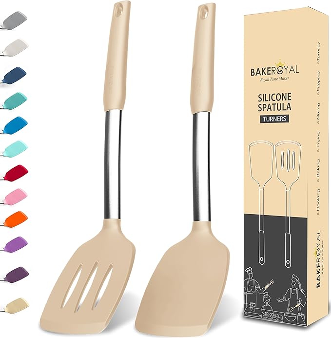 BakeRoyal Silicone Spatula Set - Turner Spatulas Silicone Heat Resistant 600°F - Slotted & Solid Silicone Spatulas for Cooking Fish, Eggs, Pancakes Flipper – Silicone Cooking Utensils Set – Beige by BAKEROYAL