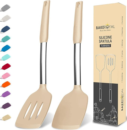 BakeRoyal Silicone Spatula Set - Turner Spatulas Silicone Heat Resistant 600°F - Slotted & Solid Silicone Spatulas for Cooking Fish, Eggs, Pancakes Flipper – Silicone Cooking Utensils Set – Beige by BAKEROYAL