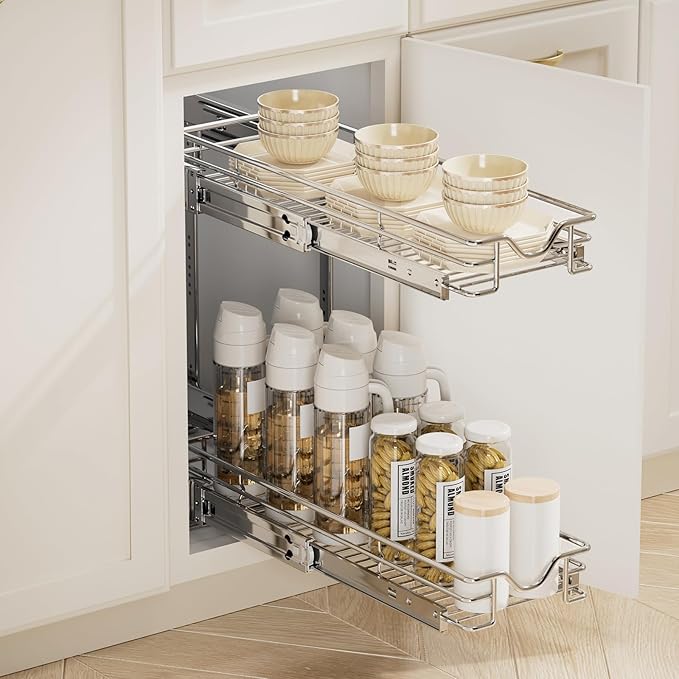 DINDON Pull Out Cabinet Organizer (7-1/2" W x 21-1/2"D), Cabinet Pull Out Shelves, 2 Tier Pull Out Drawers for Kitchen Cabinets, Wire Basket Slide Out Shelf for Cabinet Organization - Image 4