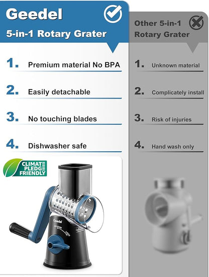 Geedel Rotary Cheese Grater Cheese Shredder - Upgraded 5-in-1 Cheese Grater with Handle and Strong Suction Base, Multi-purpose Vegetable Slicer Ice Shaver Nuts Grinder for Ice, Vegetables, Fruit, Nuts - Image 2