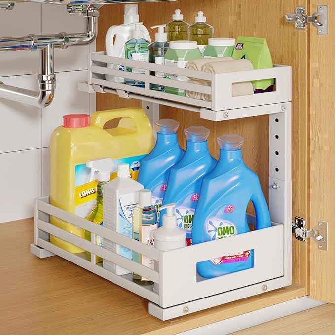 1-Pack Under Sink Organizers and Storage,2-Tier L Shape Pull Out Cabinet Organizer With Round Tube Slide Rails,Hight Adjustable Slide Out Drawers for Kitchen&Bathroom,Multi-Purpose Storage Shelf-White by UnderSinkOrganizer