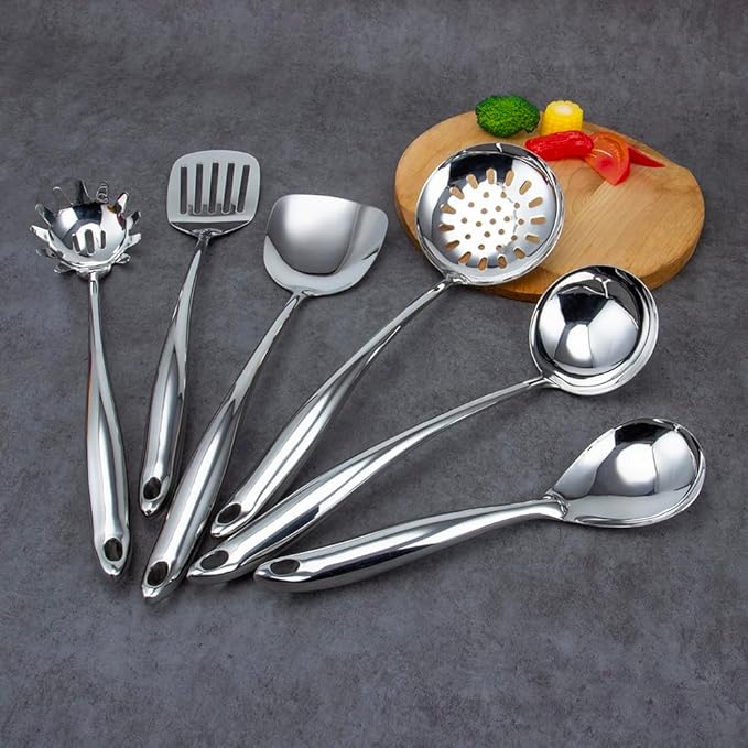 VALESKA 6PCS Stainless Steel Cooking Utensils Set,Metal Kitchen Utensils Set, Include Wok Spatula Stainless Steel,Metal Pasta Spoon and etc,Easy to Clean - Image 7