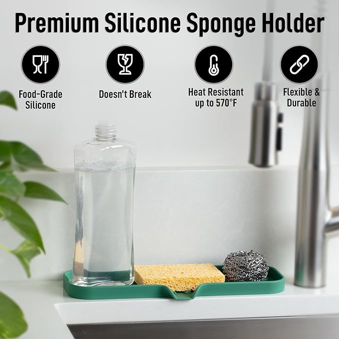 Zulay Kitchen Large Silicone Sponge Holder (12x4) – Flexible Sink Organizer Tray for Kitchen & Bathroom – Multipurpose Soap Dish for Sponges, Makeup, Trinkets & More (Pine Green) - Image 2