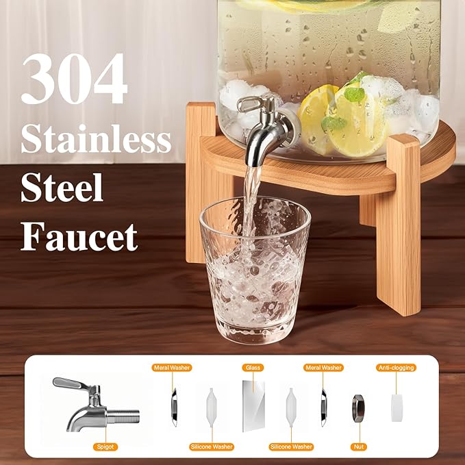 Beverage Dispenser 2.1 Gallon, Glass Drink Dispenser with Stand, Drink Dispensers for Parties, Beverage Dispenser with Wood Stand, Stainless Steel Spigot, for Parties,Bars,Restaurants (2.1 Gallons)