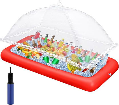Leitee 3 Pcs Inflatable Serving Bar Kit Includes Salad Buffet Tray with Drain Plug Mesh Food Cover Food Drink Containers and Inflator for Ice Supplies Halloween Party Camping Picnic(Red)