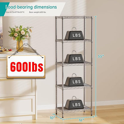 SINGAYE 5 Tier Shelf Wire Shelving Adjustable Storage Shelves Rack Standing Units for Kitchen Closet Laundry Bathroom Organizers Metal Pantry Narrow Mesh Gaps 10" D x 16" W x 55" H Gray - Image 3