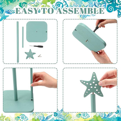 Leinuosen Beach Starfish Paper Towel Holder Rustic Beach Coastal Wooden Paper Towel Holder Turquoise Blue Nautical Ocean Bathroom Accessories Kitchen Roll Stand Organizer Apartment Housewarming Gift