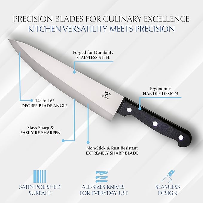 Moss & Stone 14 Pcs Knife Block Set Stainless Steel, Premium Forged Kitchen Knives Set with High-Carbon Blades, Ergonomic Handle, Sharp Blade, Rust Resistant, Modern Style for Home & Chef, Black - Image 3