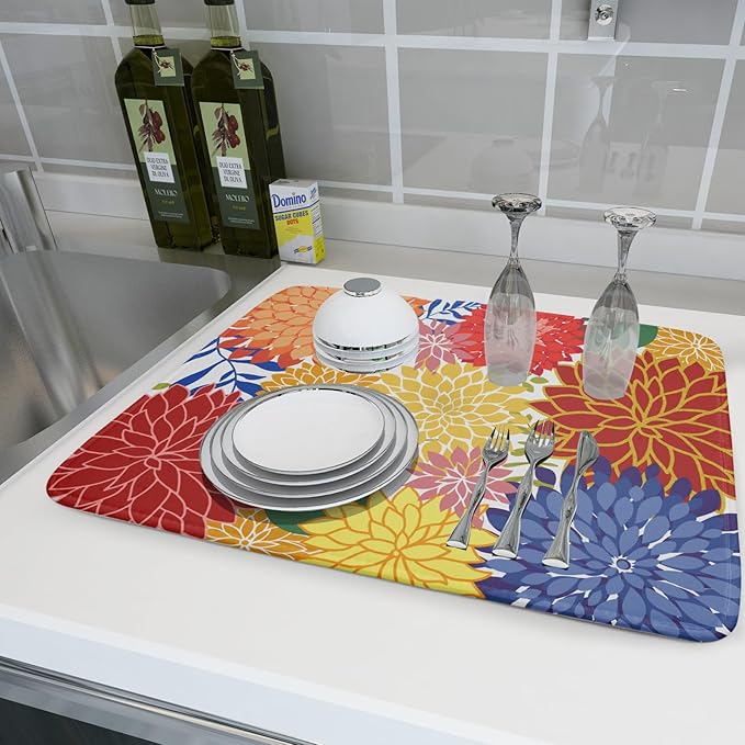 Modern Floral Dish Drying Mat Large Multicolored Tropical Drying Pad for Kitchen Counter - Image 6
