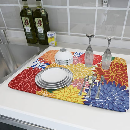 Modern Floral Dish Drying Mat Large Multicolored Tropical Drying Pad for Kitchen Counter - Image 6