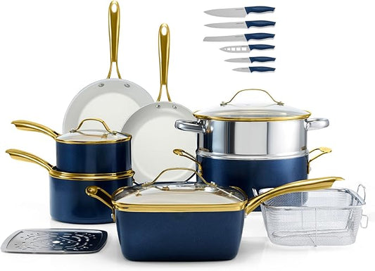 Gotham Steel 20pcs Pots and Pans Set Non Stick Ceramic Cookware Set with Deep Frying Pan Set & 6pc Knife Set, Improved Ti-Cerama Coating Made without PFOA PFOS Lasts 2x Longer, Oven & Dishwasher Safe by GothamSteel